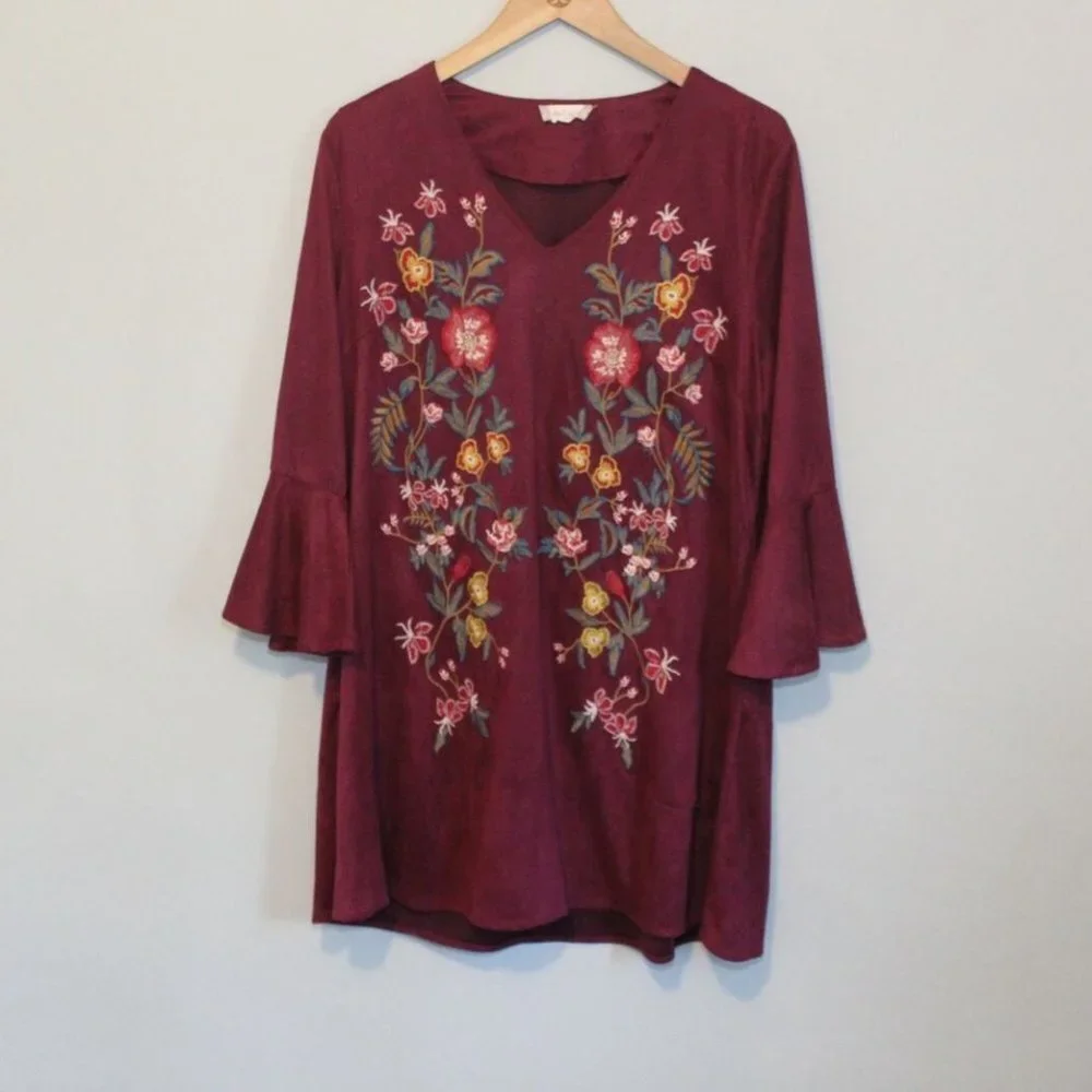 ✨2/$20 Altar'd State Velvet Floral Boho Tunic Dress Bell Sleeve Medium H11619 - Picture 2 of 12